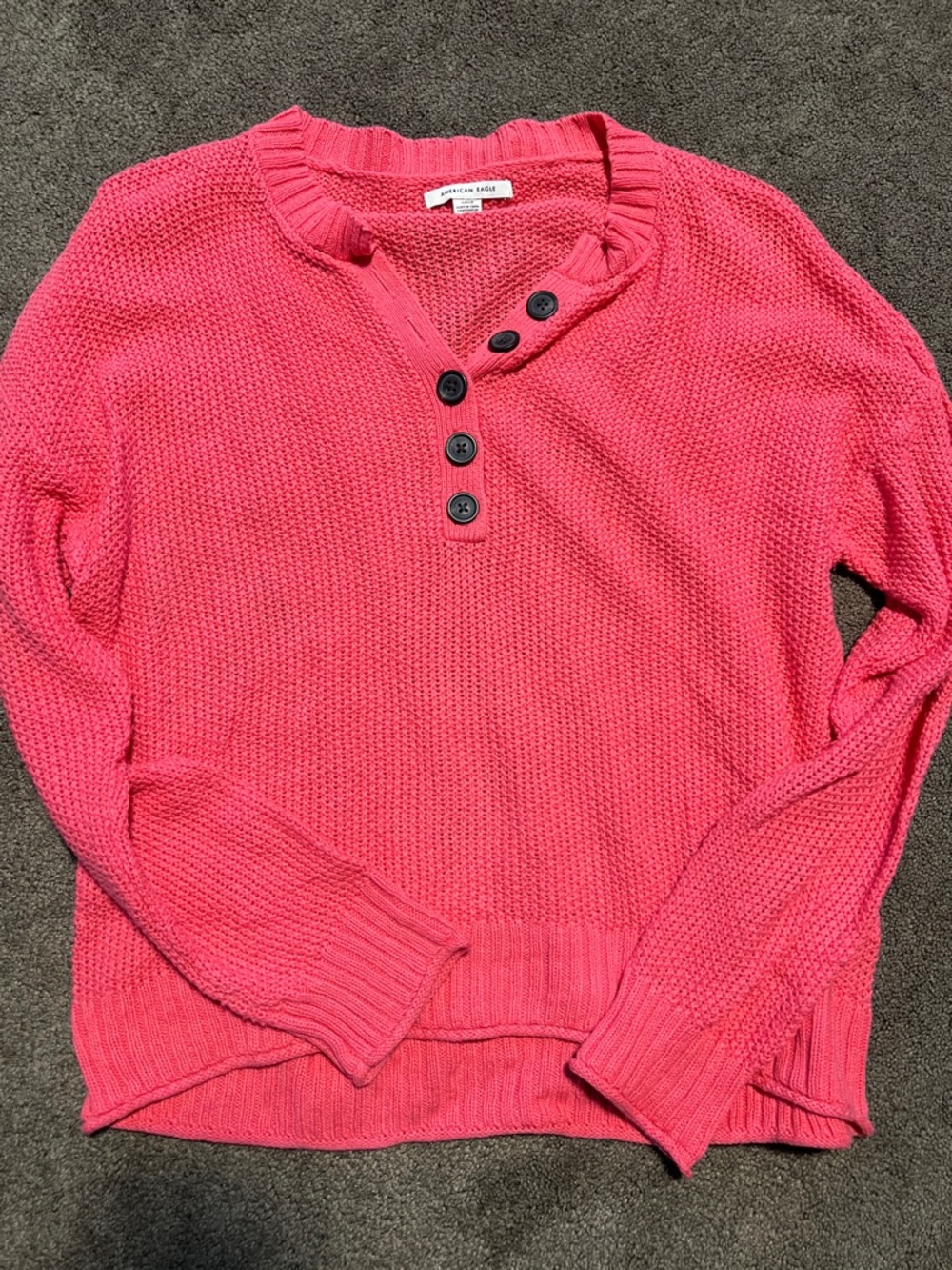 American Eagle Outfitters Bright Pink Button-Henley Knit Sweater